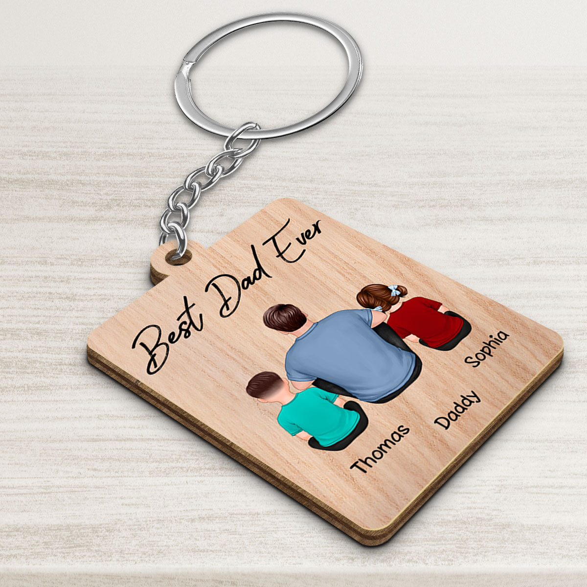 Back View Dad And Kids Dogs Cats Sitting Best Dad Ever Personalized Wooden Keychain