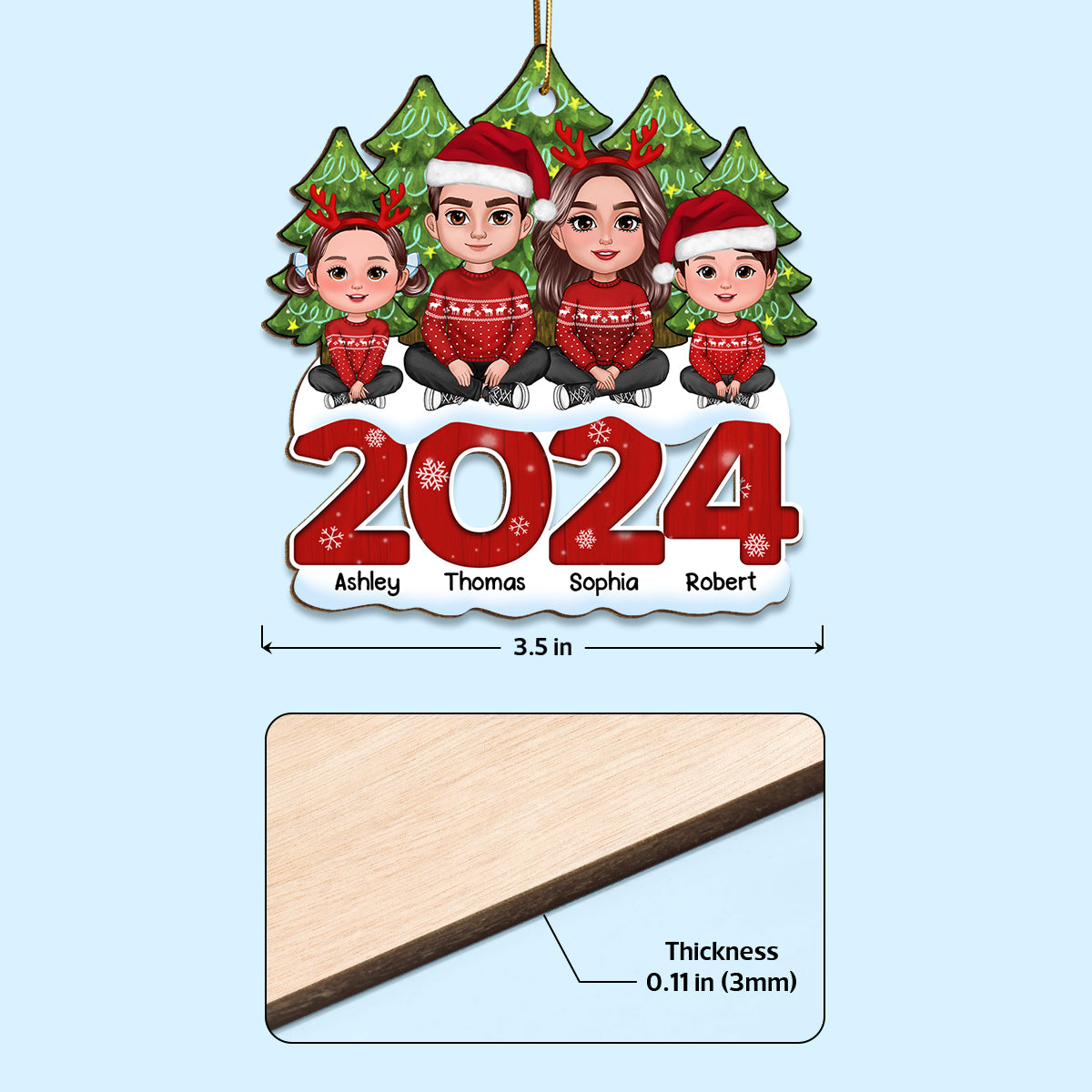 Family Sitting On 2024 Christmas Tree Line Personalized Wooden Ornament