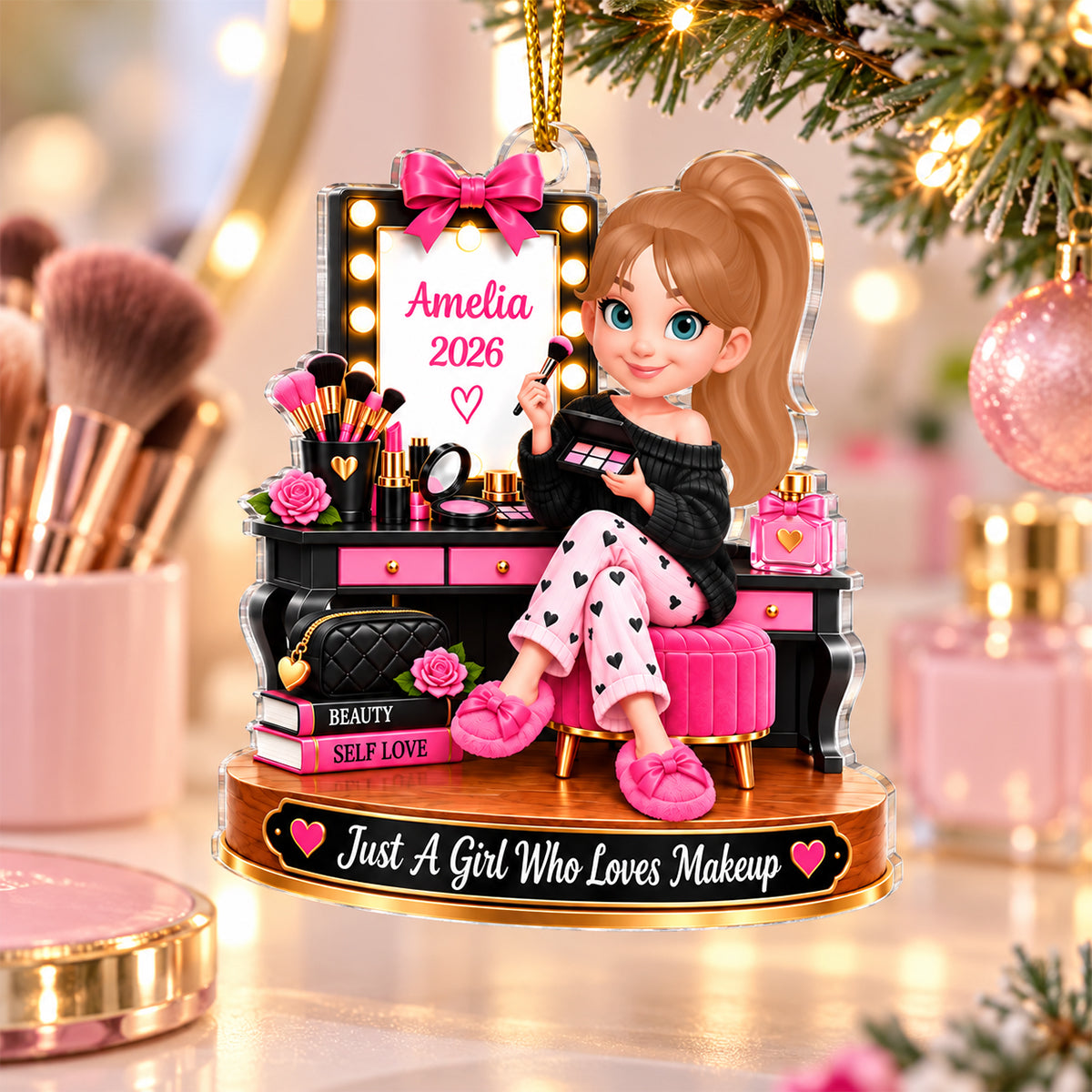 Just a Girl Who Loves Makeup - Personalized Acrylic Ornament - Christmas Gift for Daughter,Granddaughter,Teen Girl
