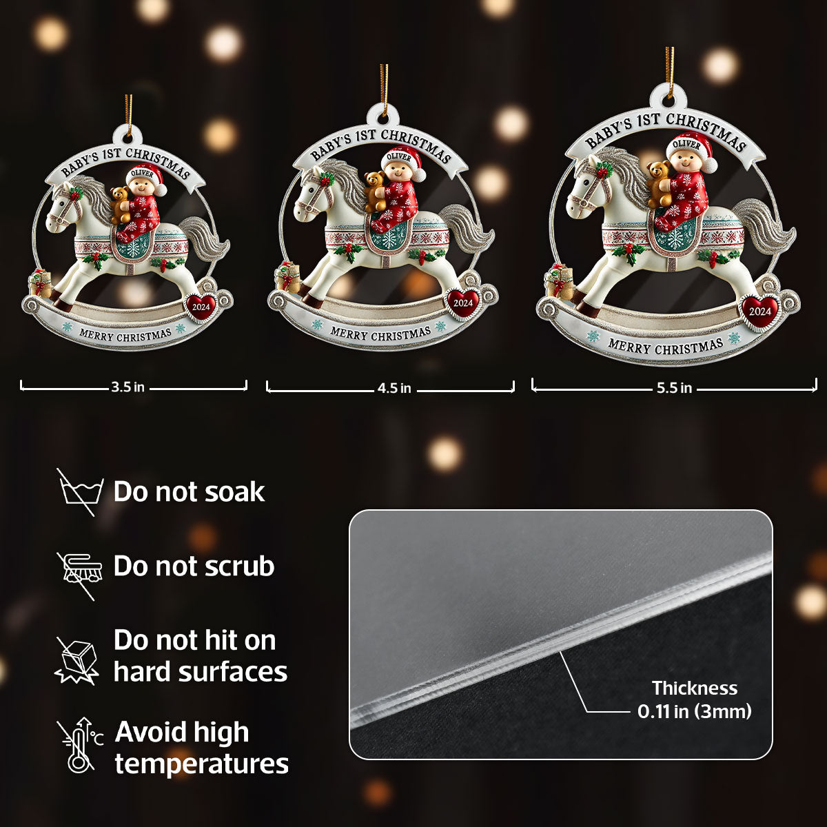 Baby First Christmas Newborn On Horse Keepsake 3D Effect Personalized Acrylic Ornament