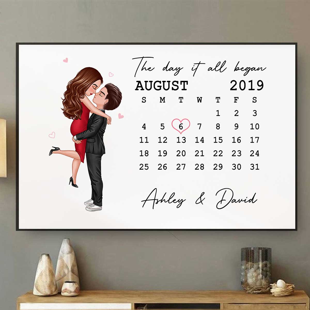 The Day It All Began Kissing Couple Calendar Anniversary Date Personalized Horizontal Poster - Anniversary Gift For Couple - Gift For Him Gift For Her