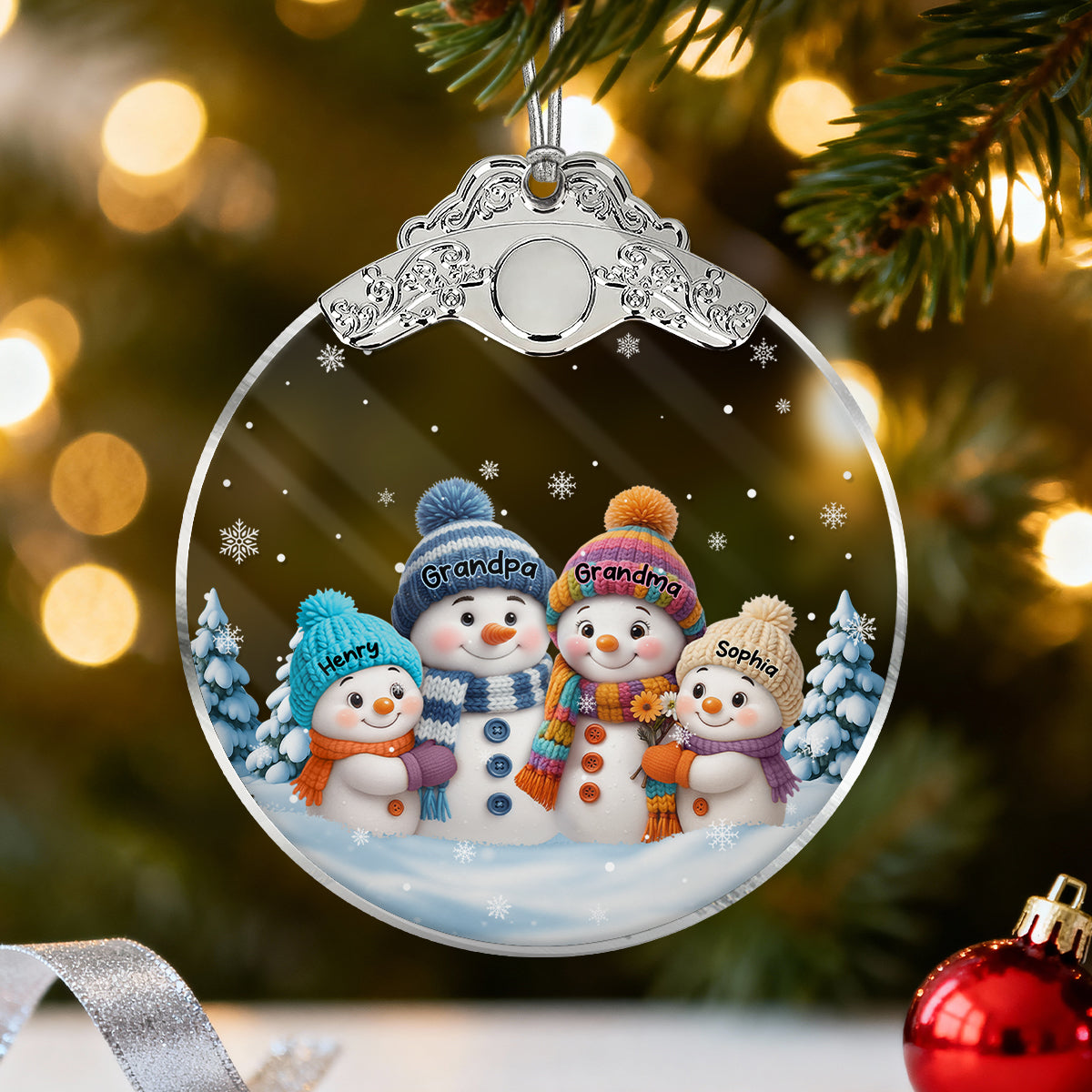Snowman Grandma & Grandkids in Snow - Personalized Glass Ornament With Silver Cap - Heartwarming Christmas Gift for Grandma Grandpa - 3D Effect Ornament