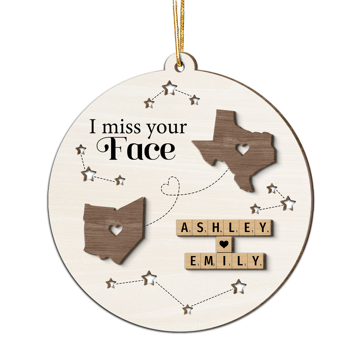 I Miss Your Face Long Distance State Maps Wooden Blocks Personalized 2-Layer Wooden Ornament, Christmas Gift For Besties, Couple, Family