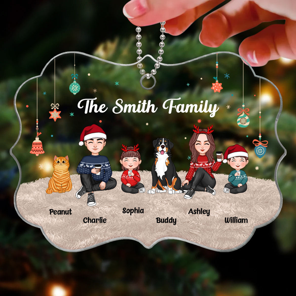 Christmas Cute Family Sitting On Carpet - Personalized Ornament