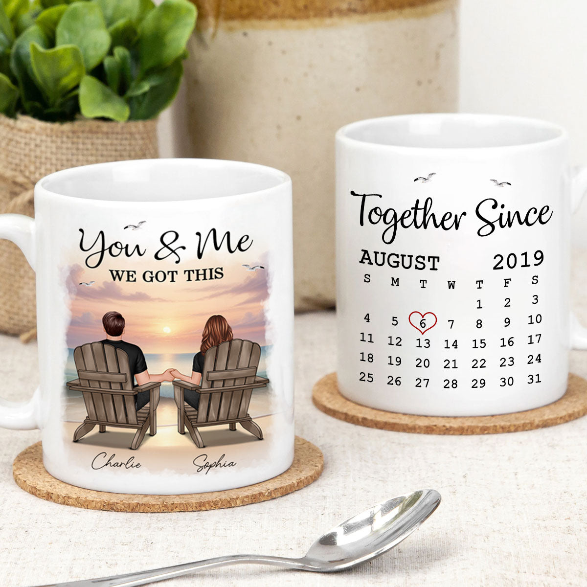 Eternal Sunset Beach Couple Back View Anniversary Calendar Personalized Mug,  Gift, Anniversary Gift For Him, For Her