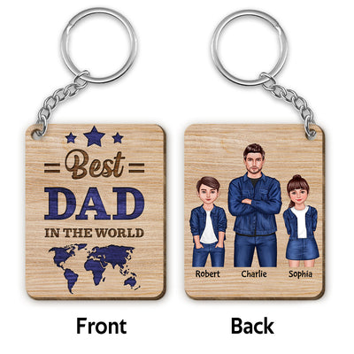 Best Dad In The World Dad And Kids Standing Front View Personalized Wooden Keychain