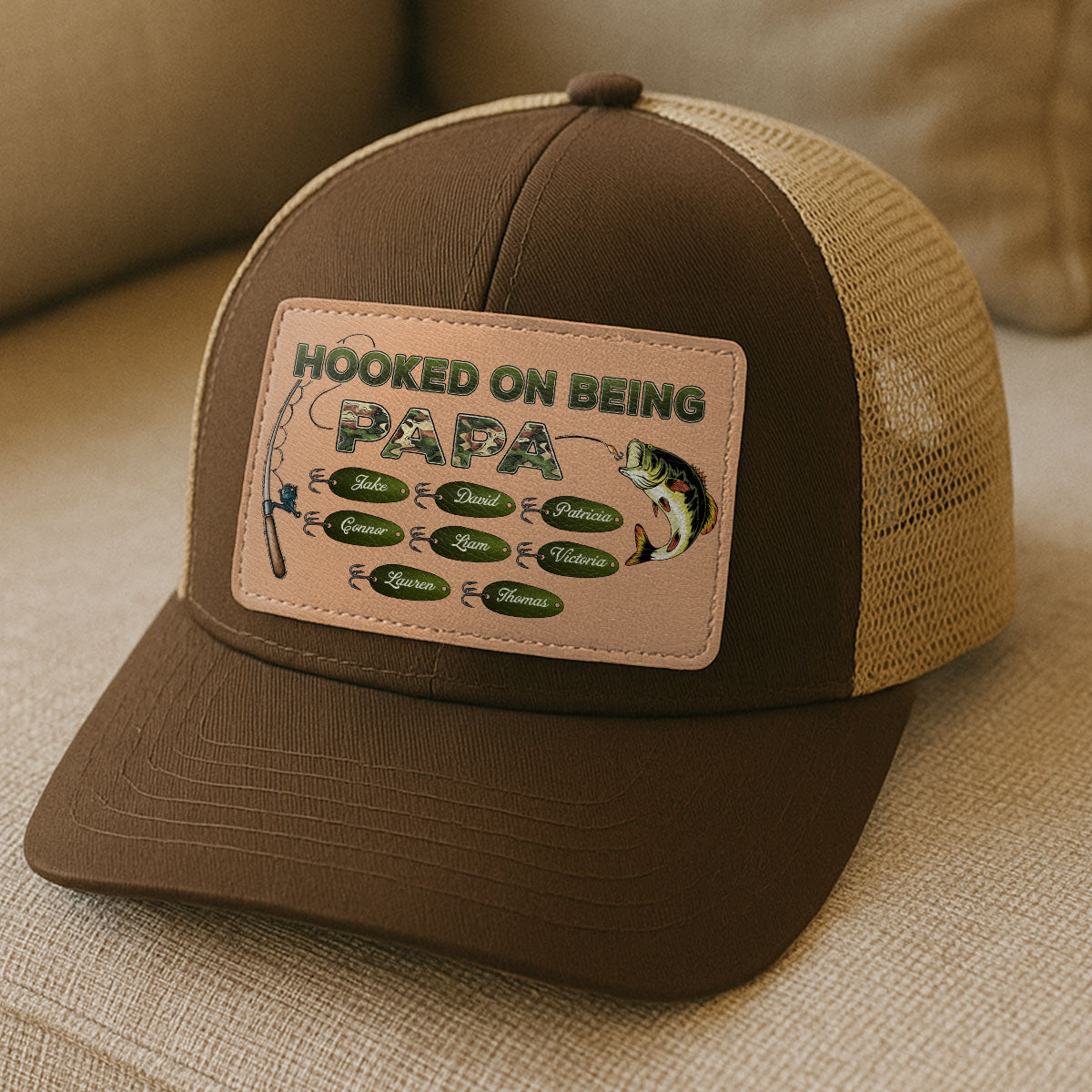 Hooked On Being Grandpa Papa Fishing Camouflage Personalized Leather Patch Hat, Father's Day gift