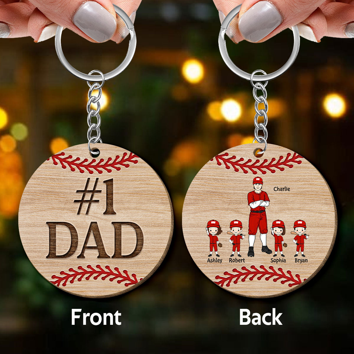 No. 1 Baseball Dad Baseball Man & Kids Personalized Wooden Keychain