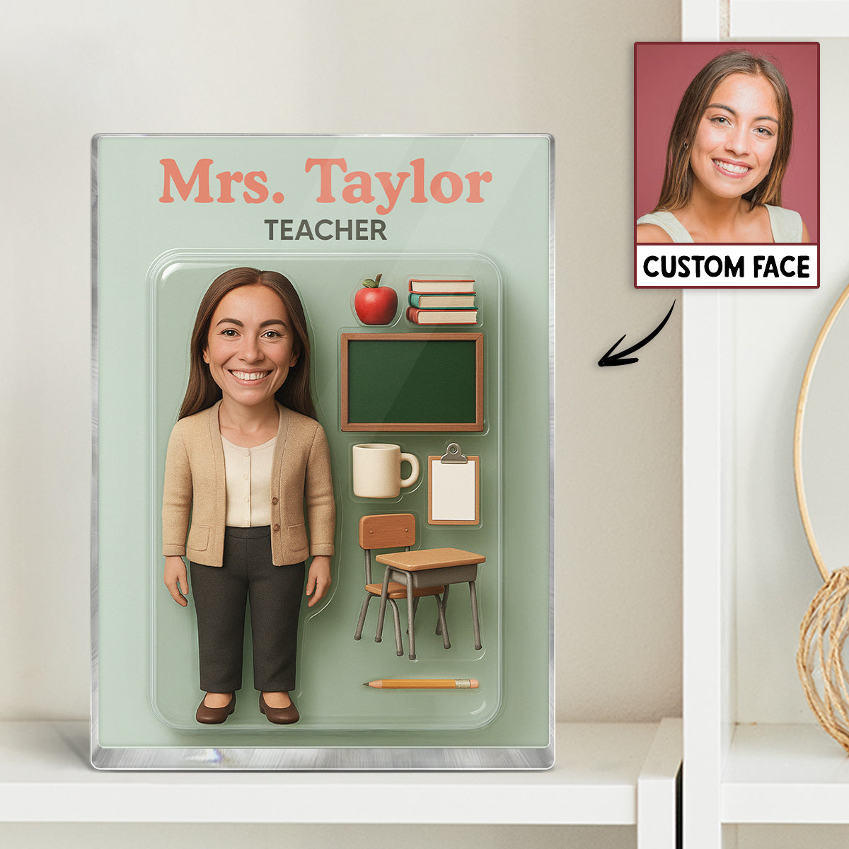 3D Effect Teacher Cartoon Style Custom Figure Personalized Flat Rectangle Acrylic Block, Gift For Teacher