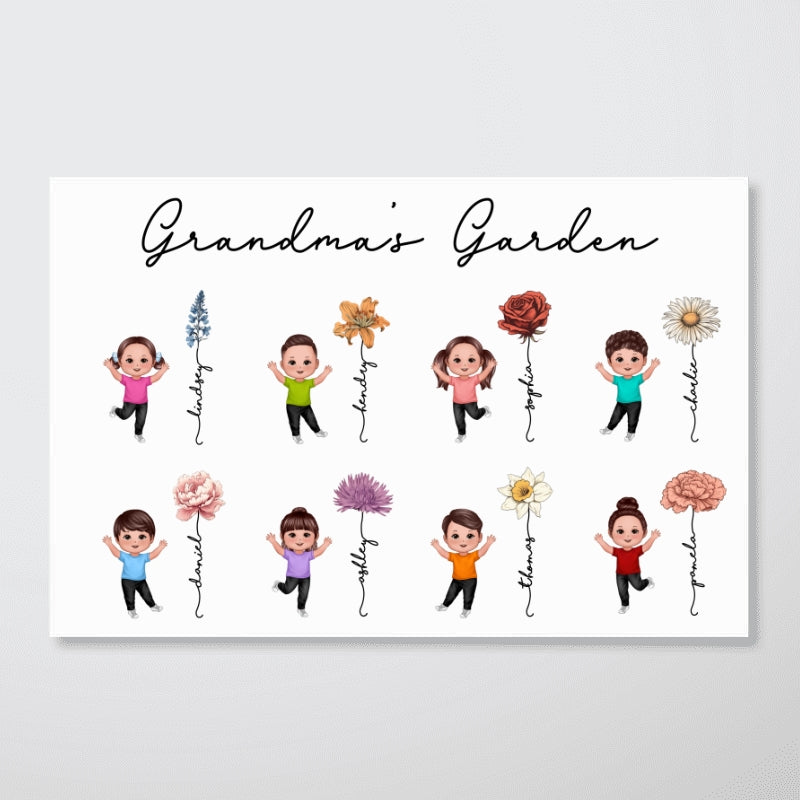 Happy Grandkids Grandma Mom Auntie Garden Vintage Birth Month Flowers Mother‘s Day Gift Personalized Horizontal Poster