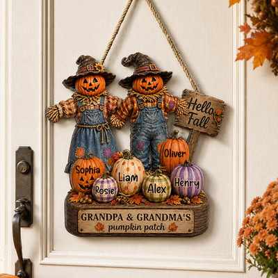 Grandma Grandpa's Pumpkin Patch Scarecrow - Personalized Door Sign - Halloween Fall Decor for Grandparents