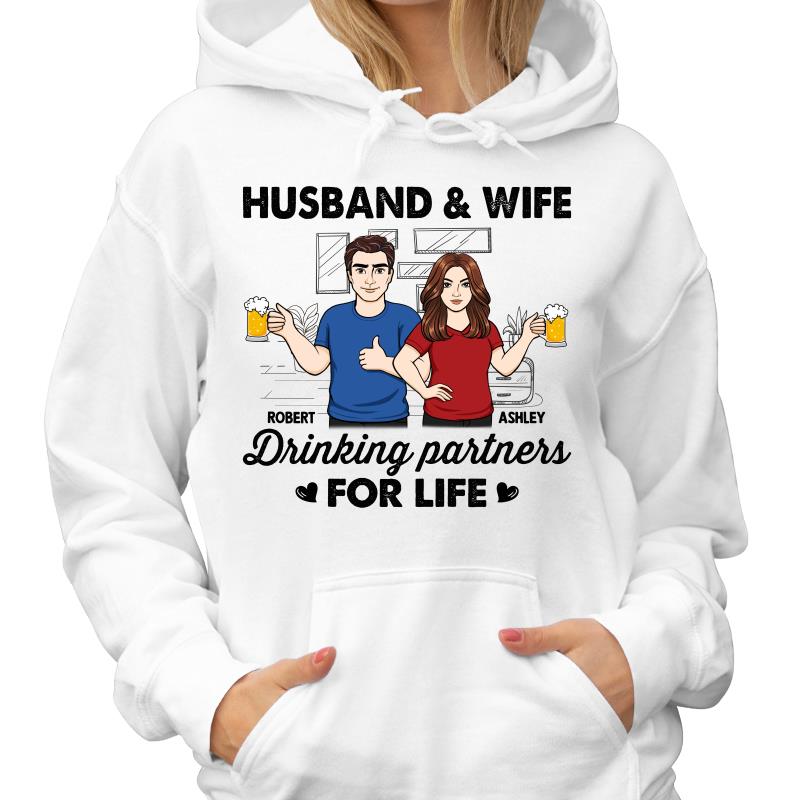 Husband & Wife Drinking Partners For Life Sketch Personalized Shirt