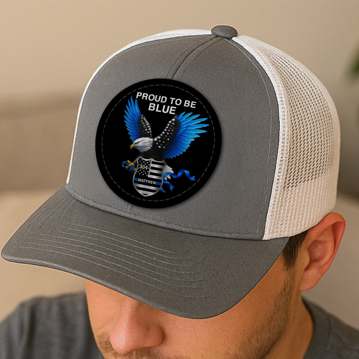 Proud To Be Blue Gift For Police Dad Grandpa Personalized Leather Patch Hat