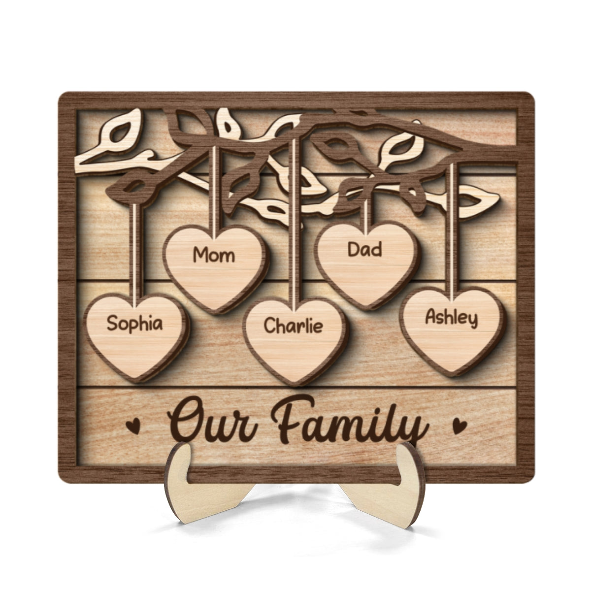 Family Tree Sign Grandkids Names Hanging Hearts Home Decor Personalized 2-Layer Wooden Plaque