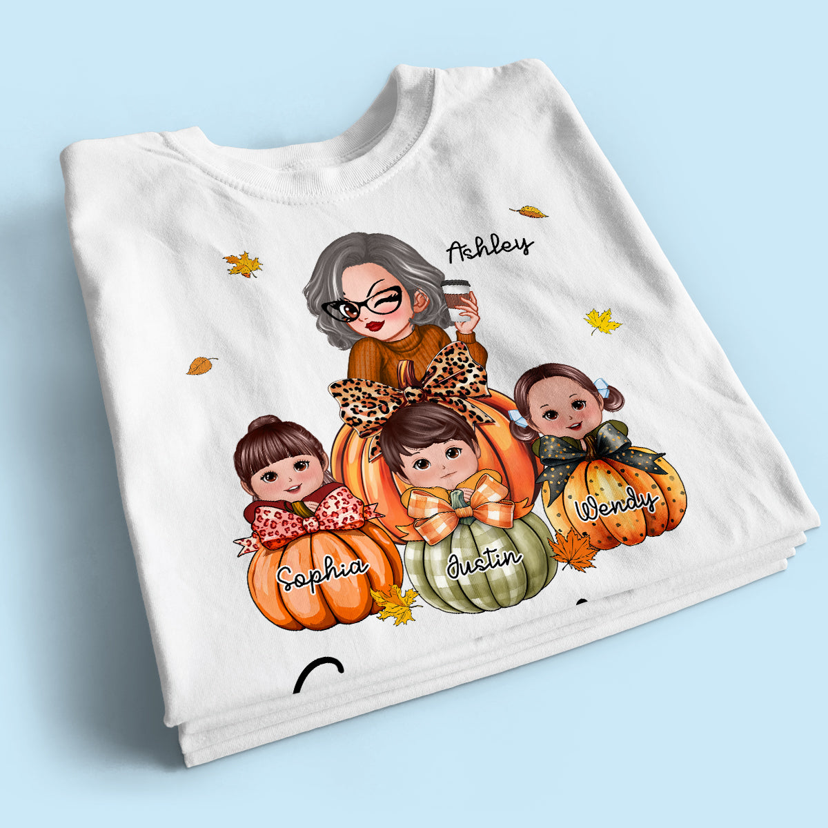 Grandma Mom Kids On Pumpkin Personalized Shirt, Fall Season Gift For Mom Grandma