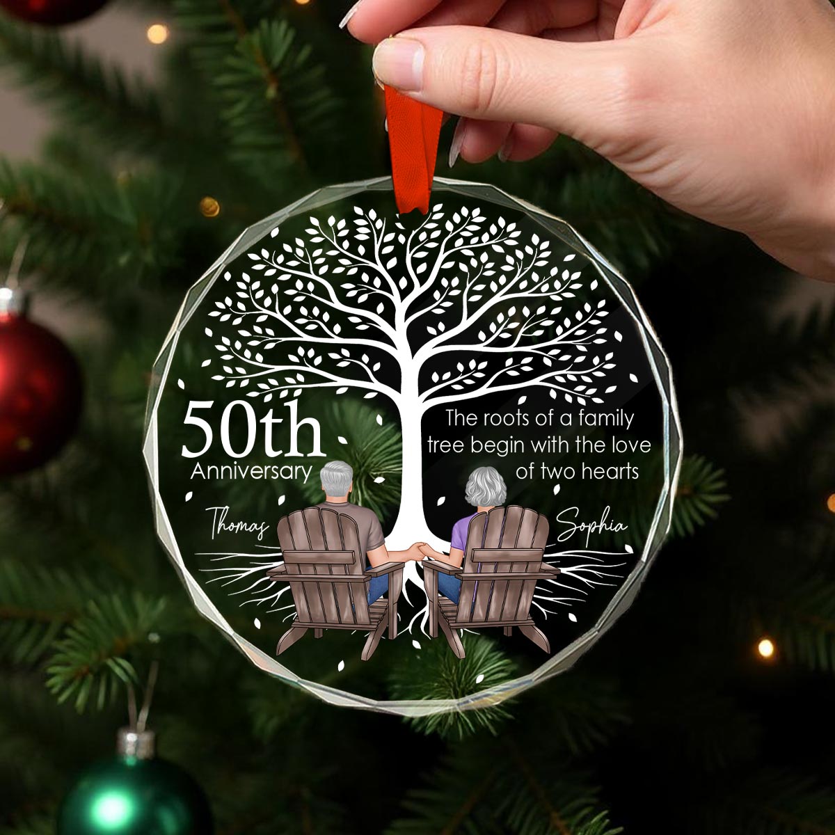 Old Couple Under Tree Anniversary Marriage Gifts for Couple Personalized Glass Ornament, Anniversary Keepsake Gift