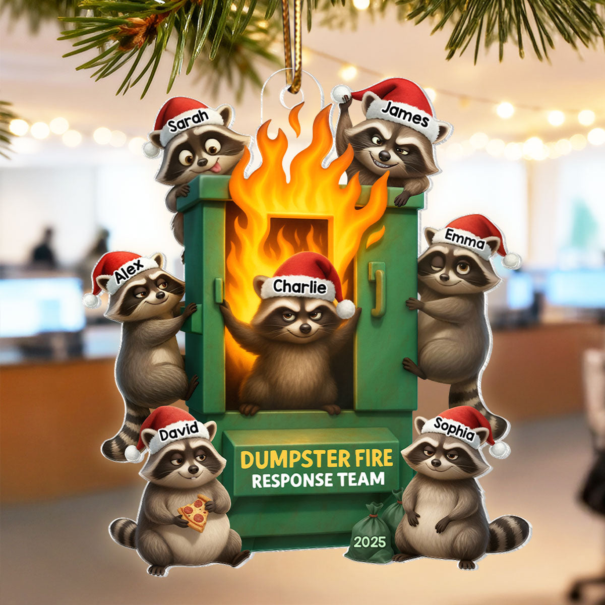 Cunning Raccoon Office Chaos Dumpster Fire Response Team - Personalized Acrylic Ornament - Funny Holiday Gift for Coworkers