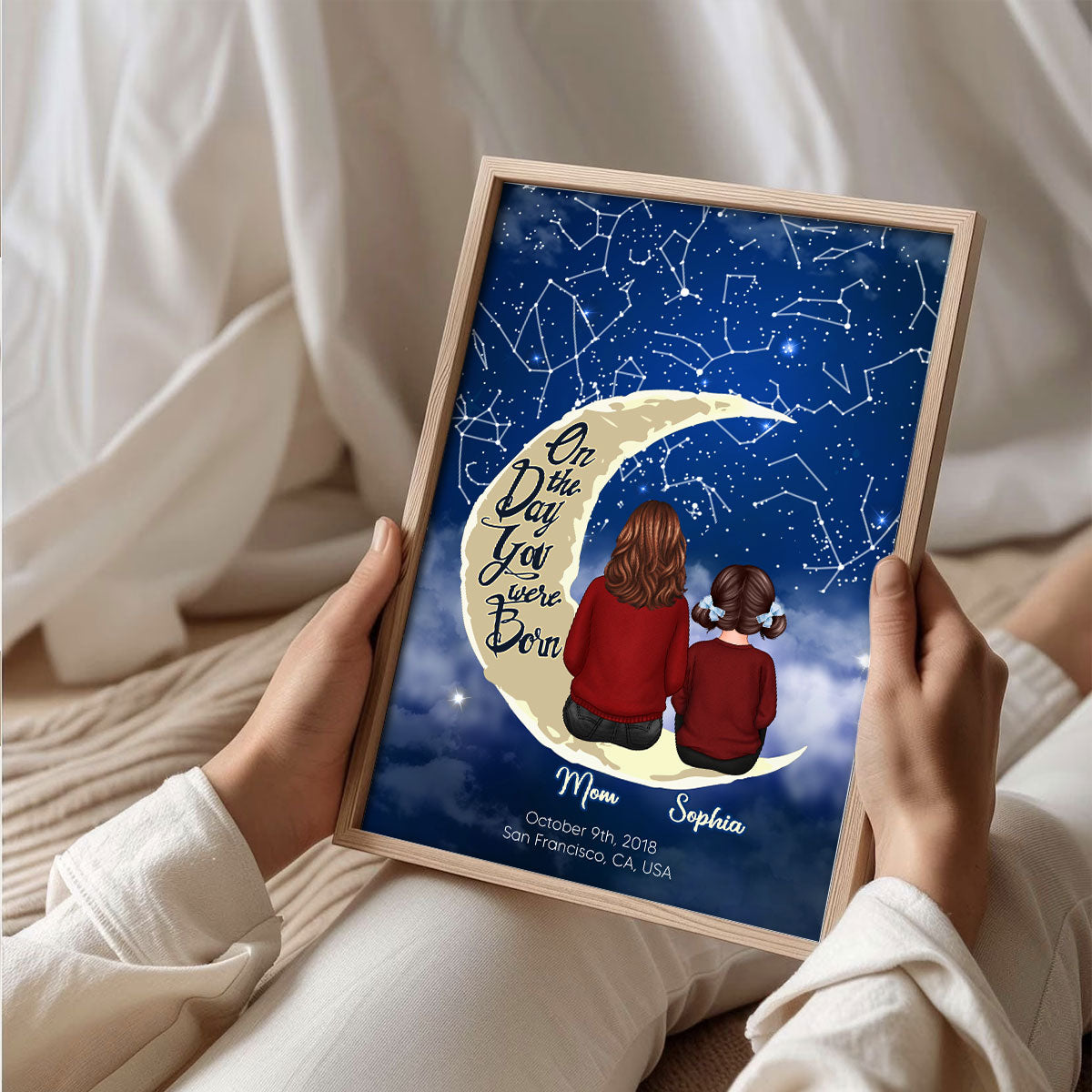 Grandma & Grandkid Sitting On Moon Custom Star Map Personalized Poster, Heartfelt Gift For Mom, For Grandma
