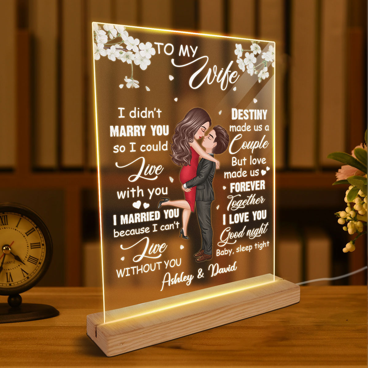 To My Wife Flower Hugging Couple Personalized Rectangle Acrylic LED Lamp Night Light