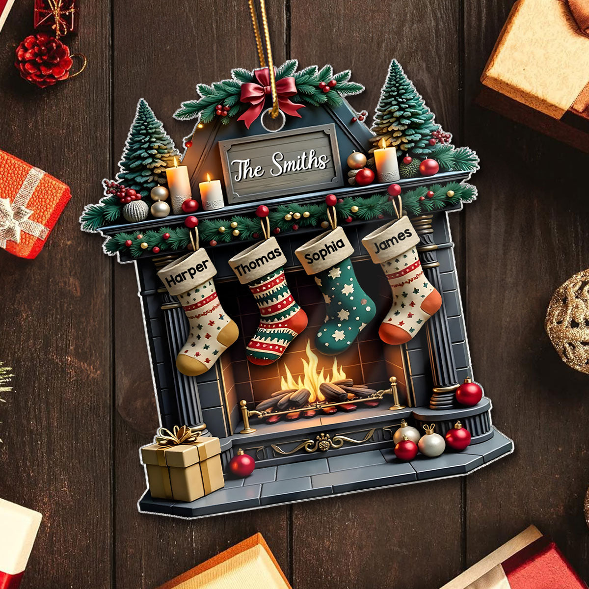 Vintage Retro Classic Fireplace Family Names Personalized Acrylic Ornament
