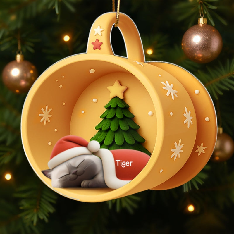 Christmas Sleeping Cats In Cozy Mug 3D Effect Personalized Acrylic Ornament