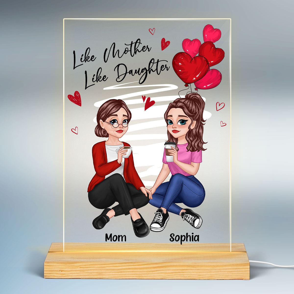 Red Hearts Pretty Cartoon Mother & Daughters Personalized Rectangle Acrylic Plaque With LED Night Light