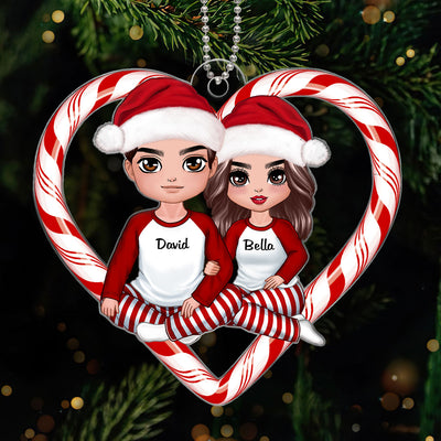 Christmas Doll Couple Sitting Candy Cane Heart Personalized Acrylic Ornament