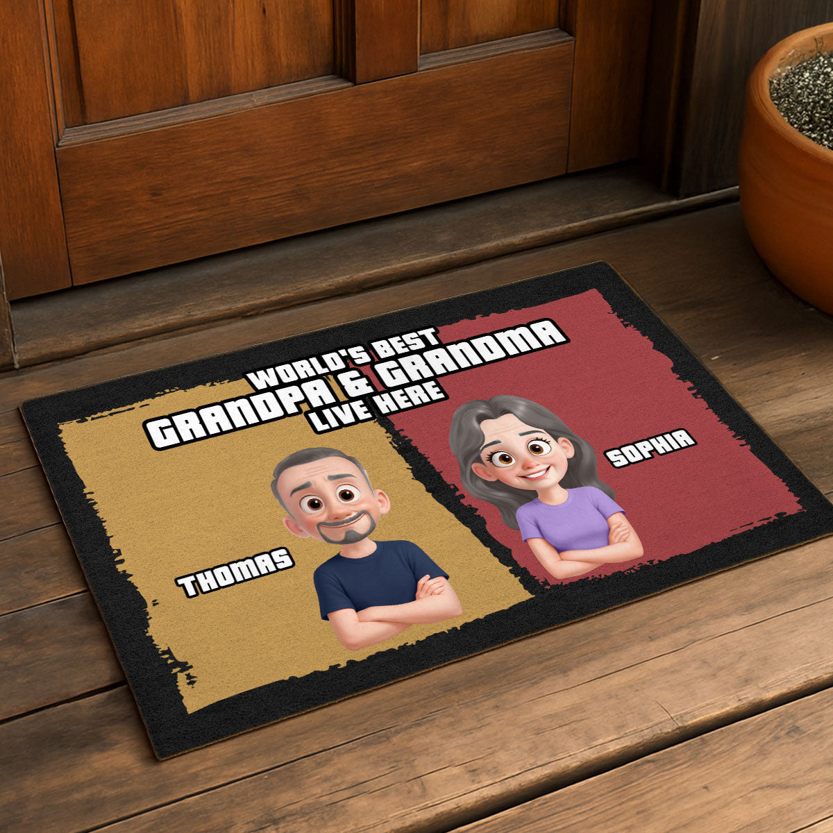Cute Cartoon World Best Grandpa Grandma Grandparents Live Here Personalized Doormat