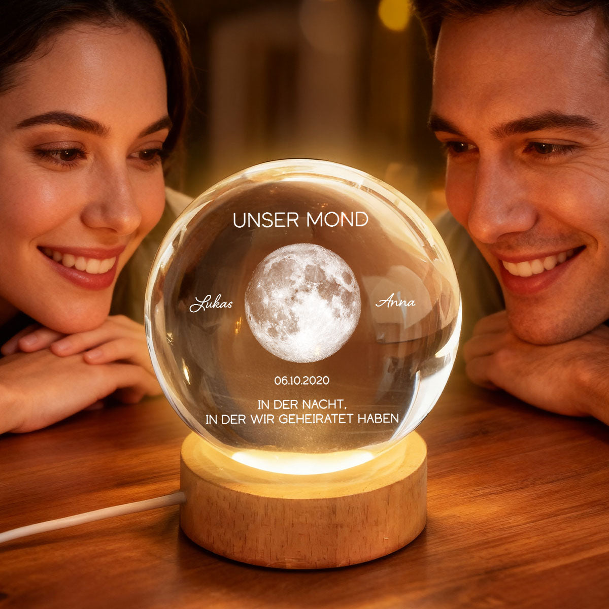 Unser Mond zum Wunschdatum – Personalisierte Mondphase – Kristallkugel Nachtlicht – Jahrestagsgeschenk für Sie & Ihn