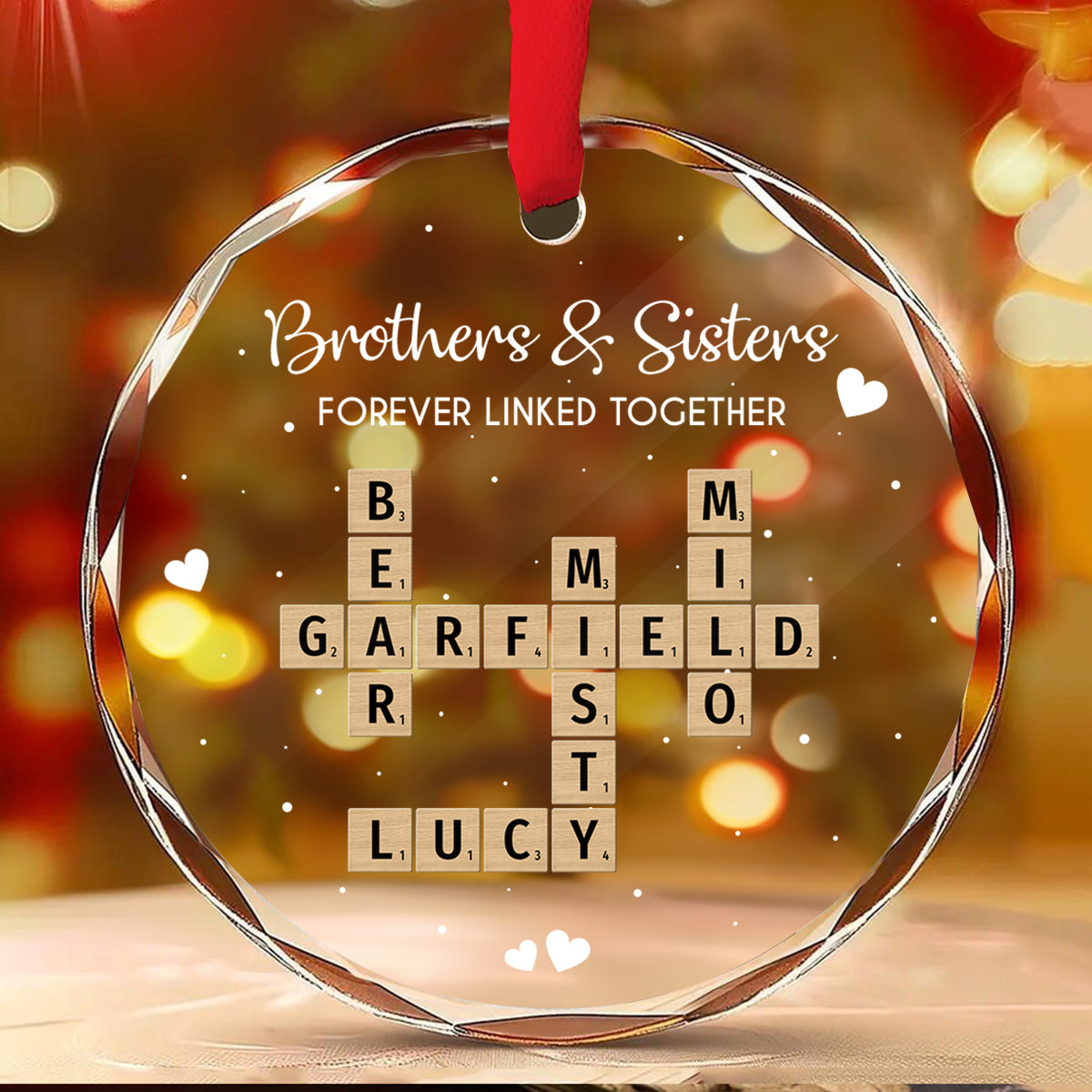 Brothers Sisters Siblings Forever Linked Together Crossword Puzzle Art - Personalized Glass Ornament - Gift For Siblings