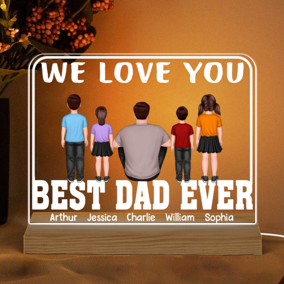 Best Dad Ever Man Sitting Kids Standing Personalized Warm Acrylic Custom Shape LED Night Light