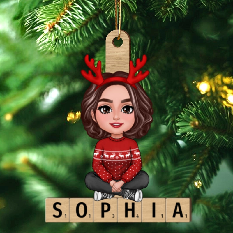 Family Member Sitting On Name Unique Christmas Gift Personalized Wooden Ornament