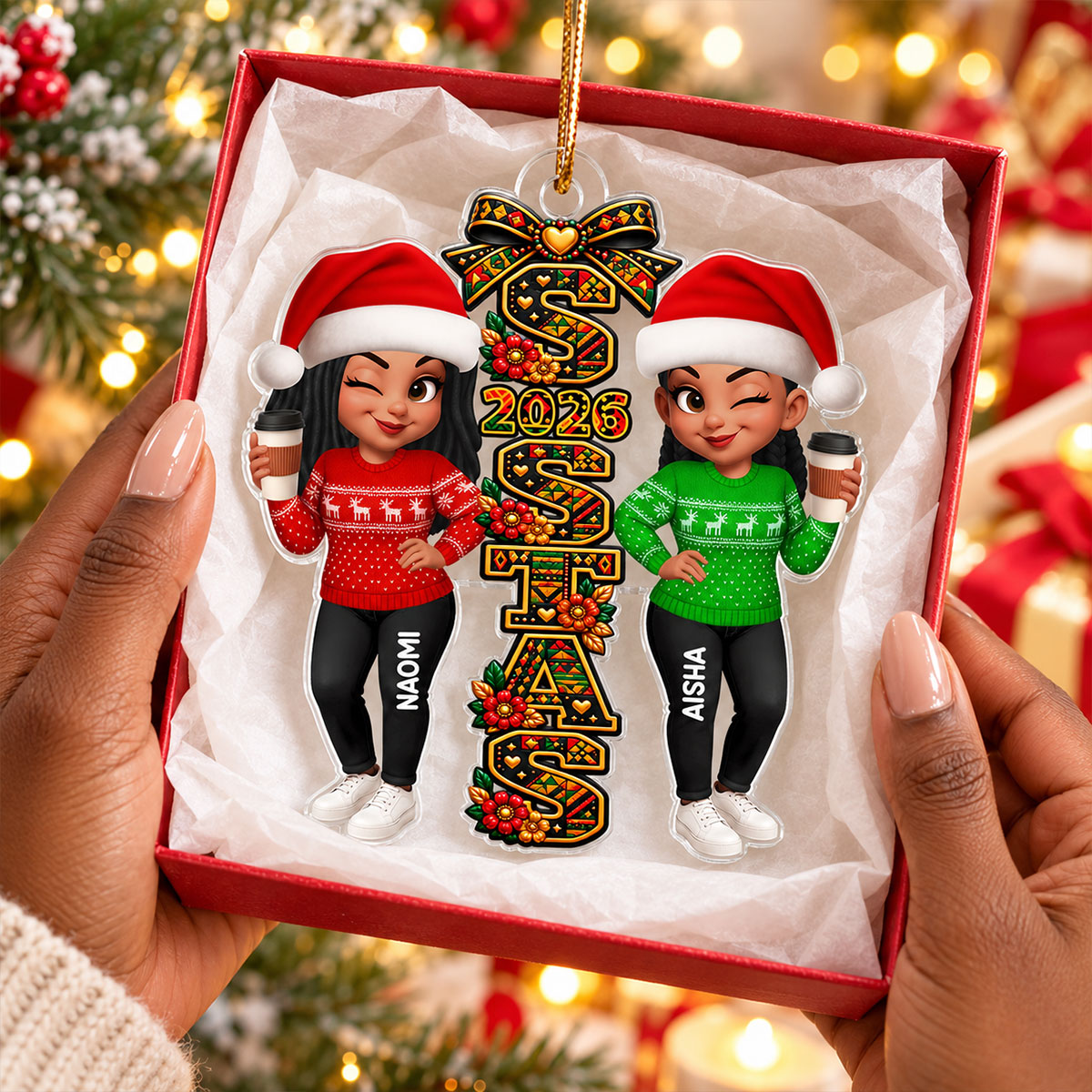 Tribal Patterned Besties Sisters Sistas Forever - Personalized Acrylic Ornament - Christmas Gift, Friendship Gift For Best Friends
