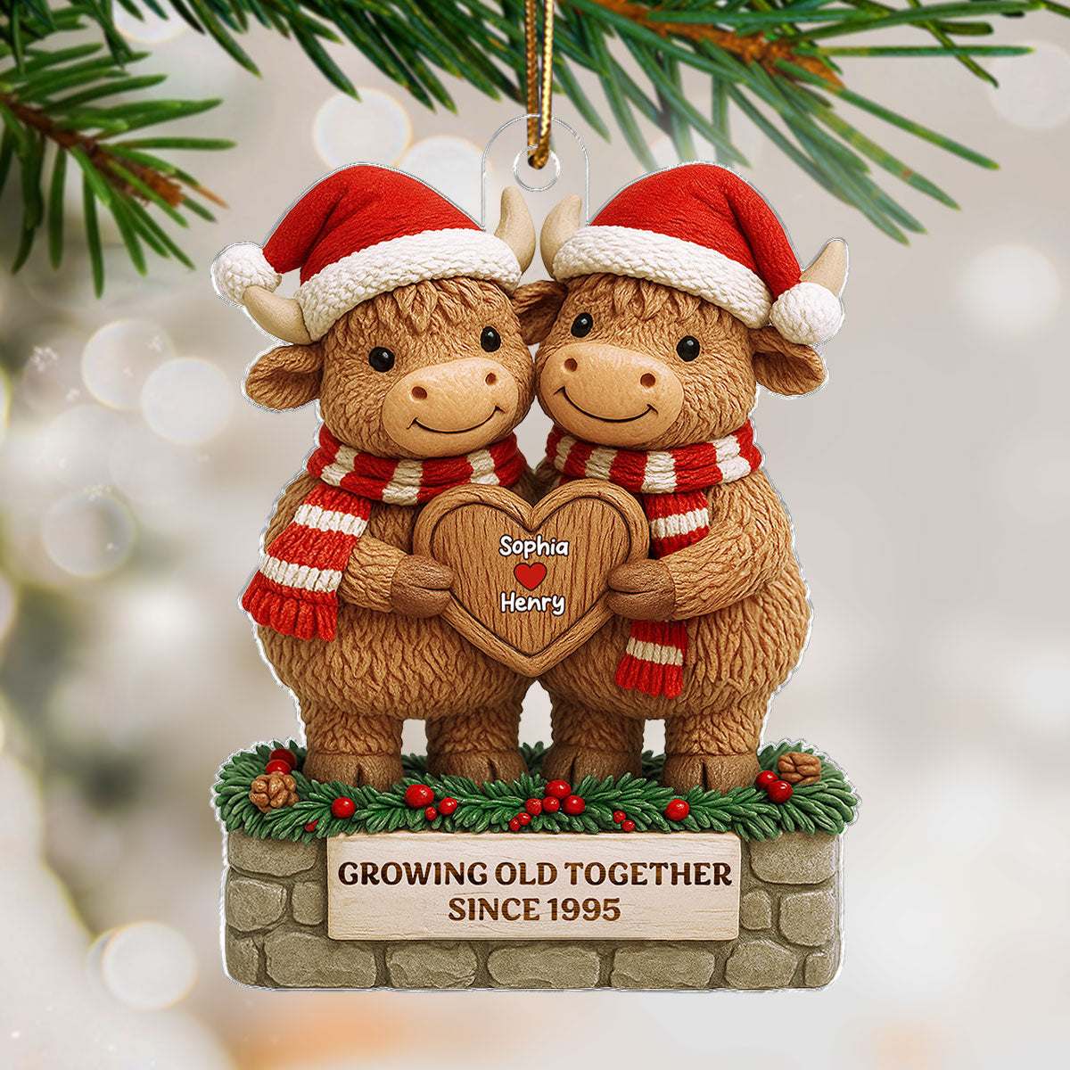 3D Effect Christmas Highland Cows Couple Growing Old Together - Personalized Acrylic Ornament - Gift For Couple