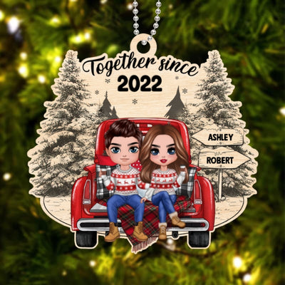 Doll Couple Sitting On Christmas Truck Personalized Wooden Ornament