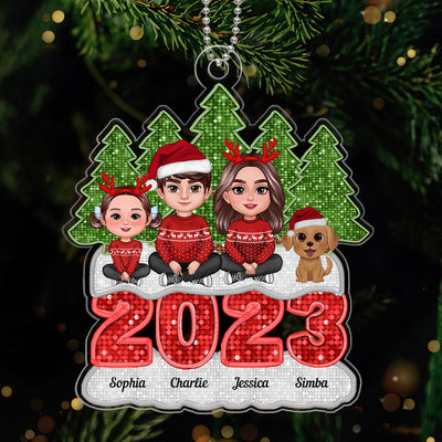 Faux Sequins Family Sitting On 2023 Christmas Tree Line Personalized Acrylic Ornament