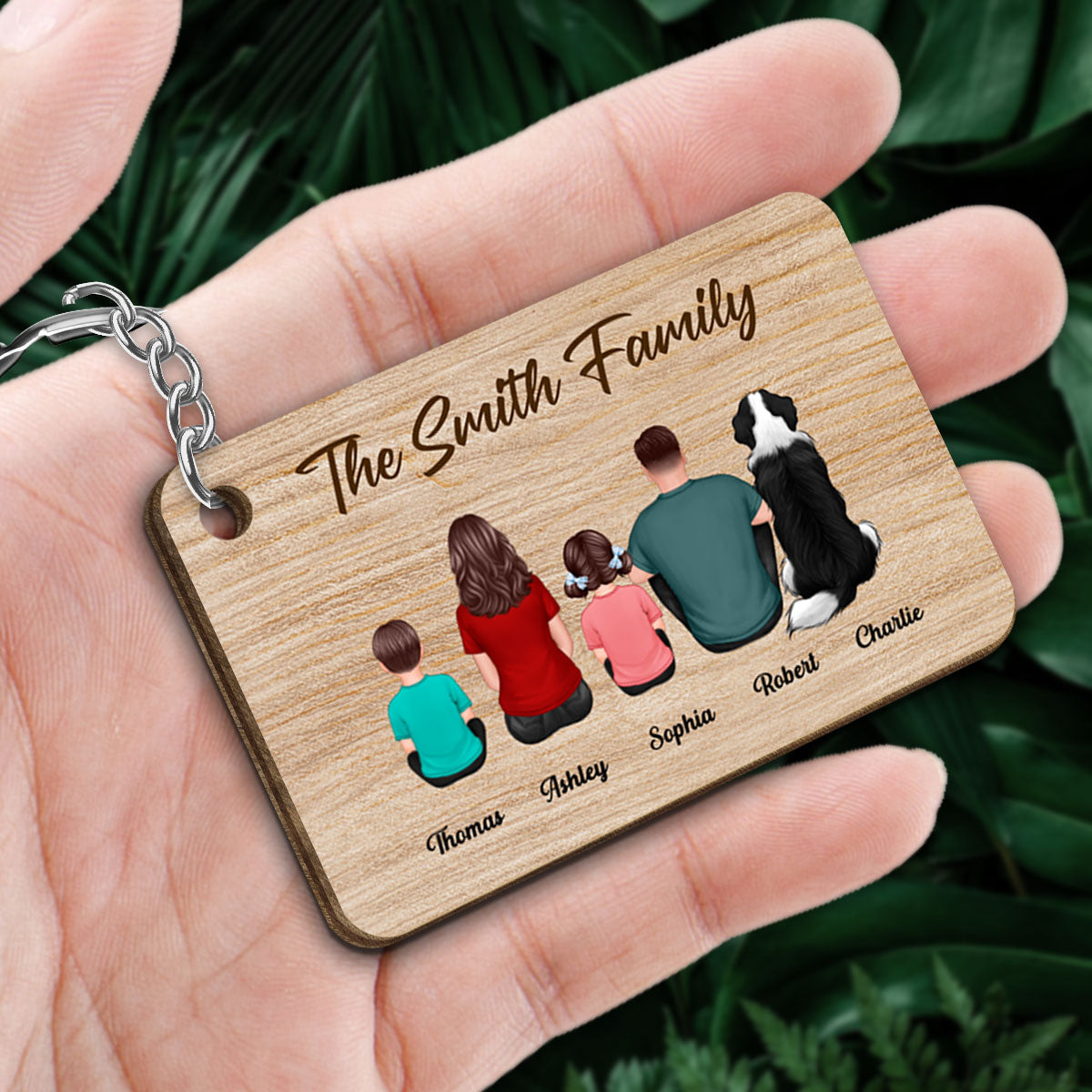 Whole Back View Family Couple Dad Mom Kids Dogs Cats Personalized Wooden Keychain