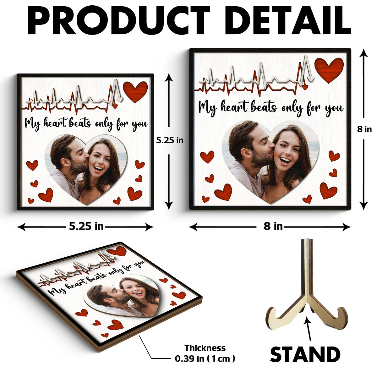 My Heart Beats Only For You Couple Photo Valentine‘s Day Gift For Him For Her Personalized 2-Layer Wooden Plaque