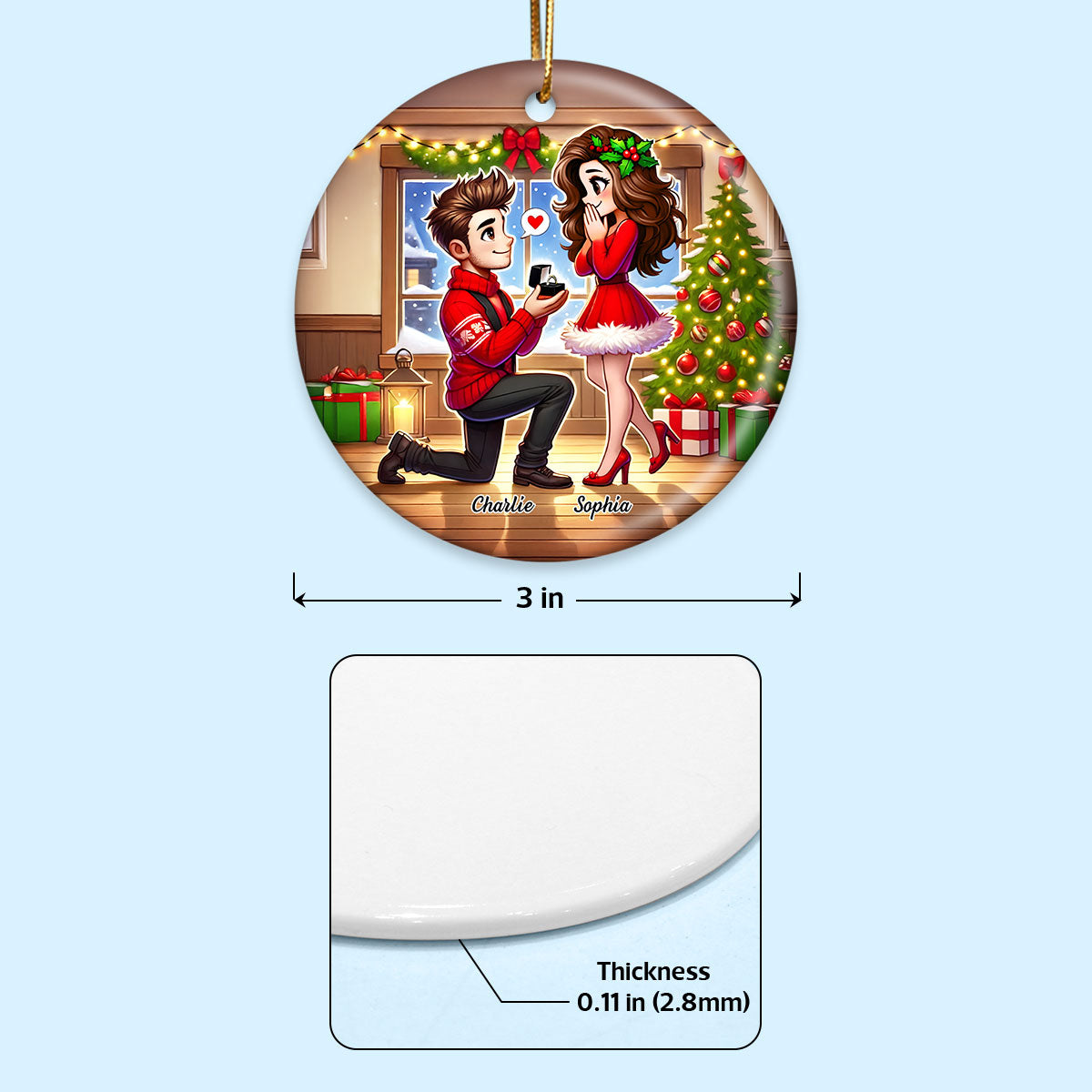 Cartoon Couple Marriage Proposal Personalized Christmas Ceramic Ornament, Custom Just Engaged Gifts for Couples