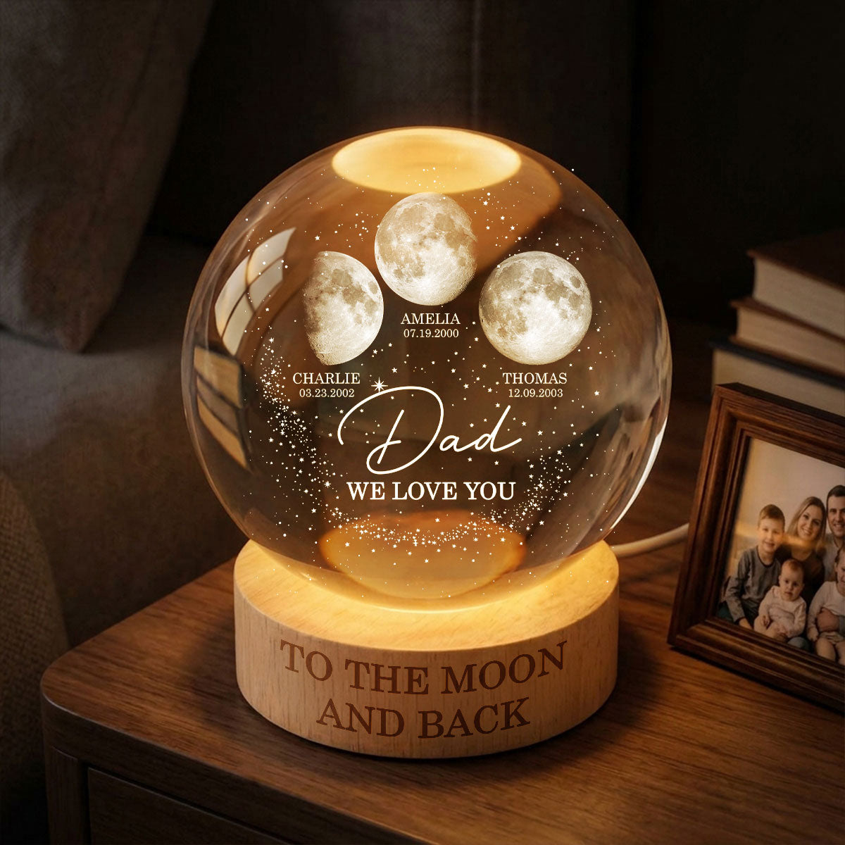 Love to the Moon and Back - Personalized Crystal Ball LED Night Light - Custom Moon Phase by Date, Father's Day Gift for Dad, Husband