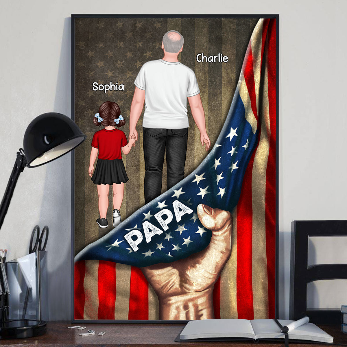 Dad Papa Grandpa Kids Walking Hand Pulling American Flag Personalized Poster, Meaningful Father's Day Gift for Dad, Gift for Husband