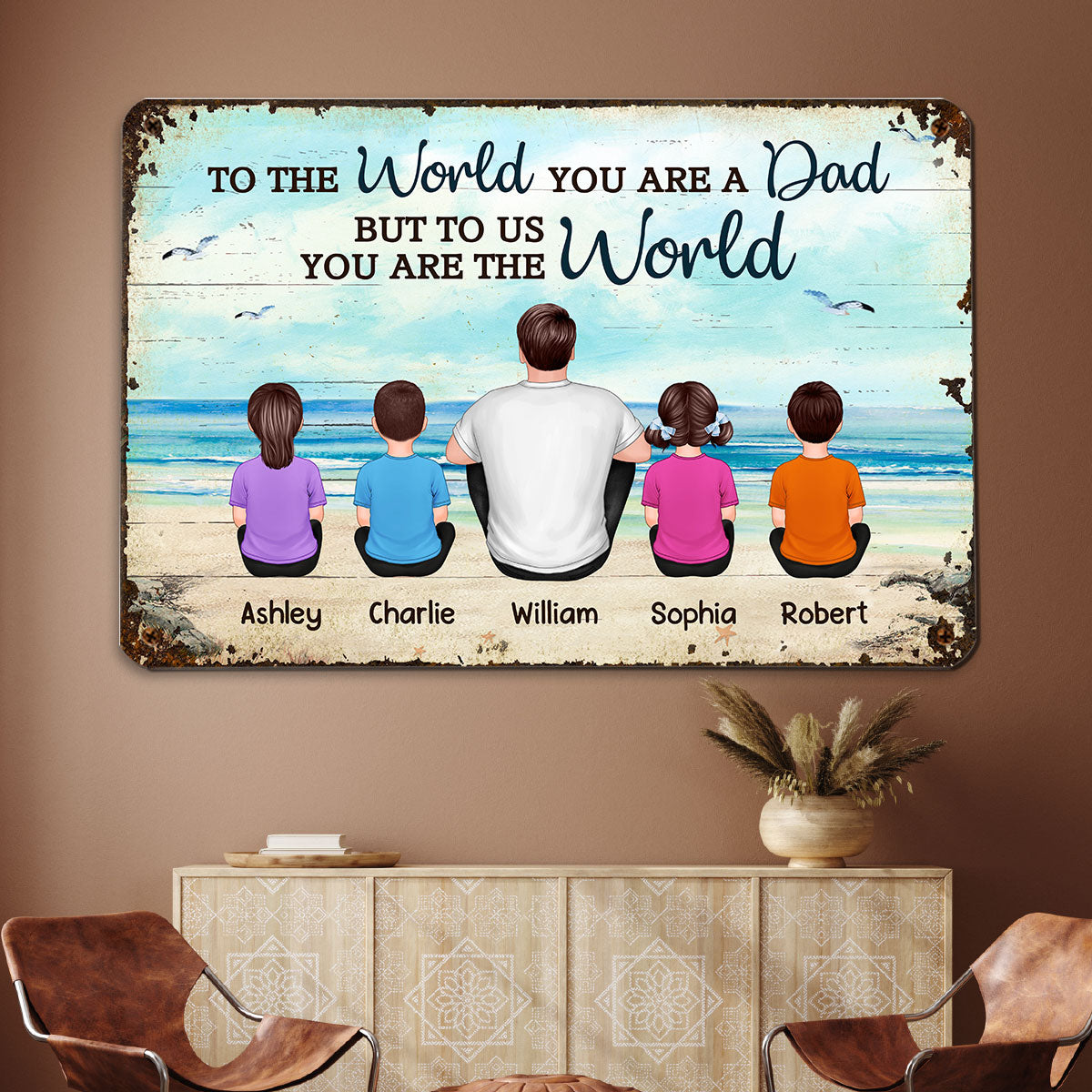 Beach Landscape Dad Grandpa We Love You Back View Dad And Kids Dogs Cats Sitting Personalized Metal Sign