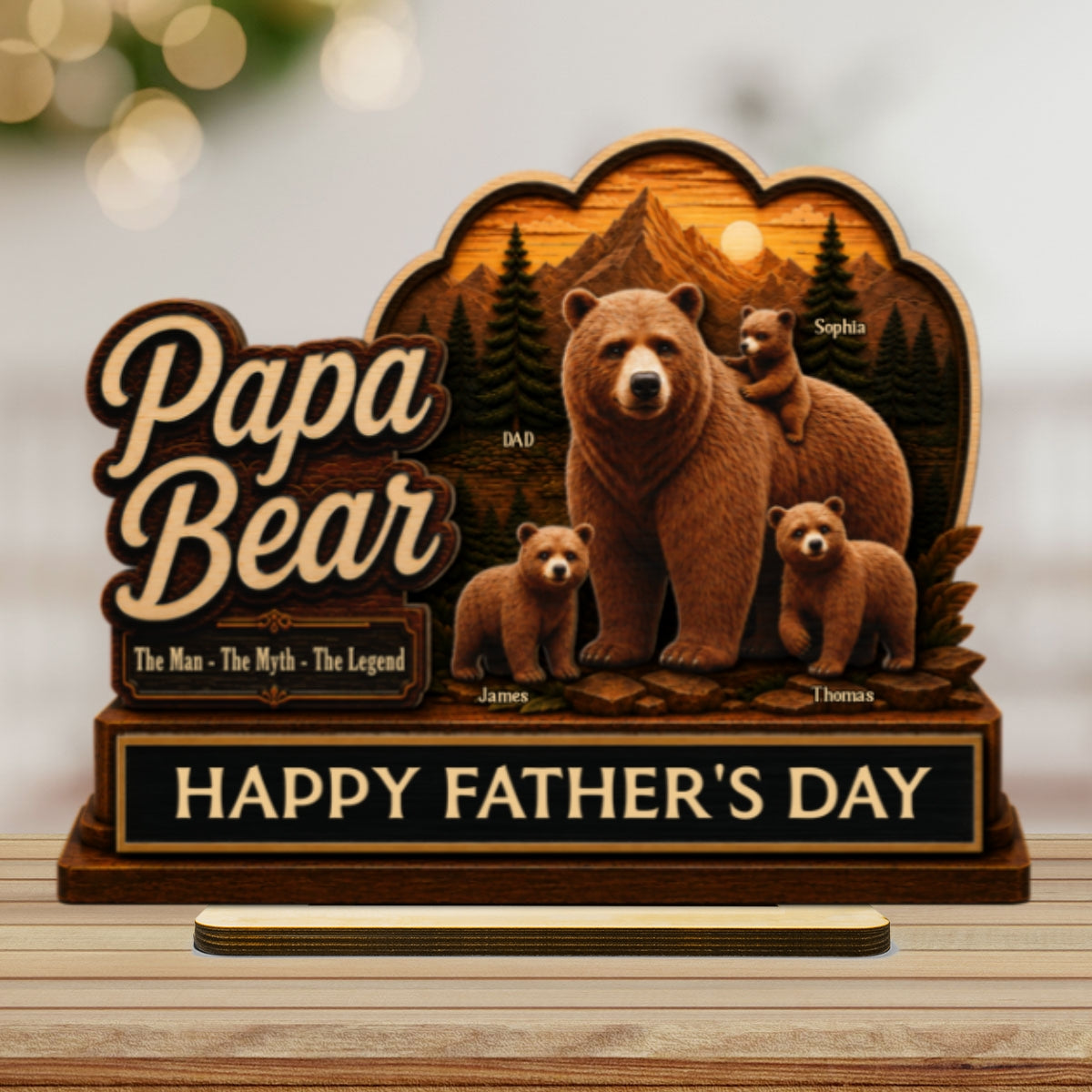 Papa Bear The Man The Myth The Legend 2D Flat - Personalized 2-Layered Wooden Plaque - Father's Day Gift For Husband, Dad