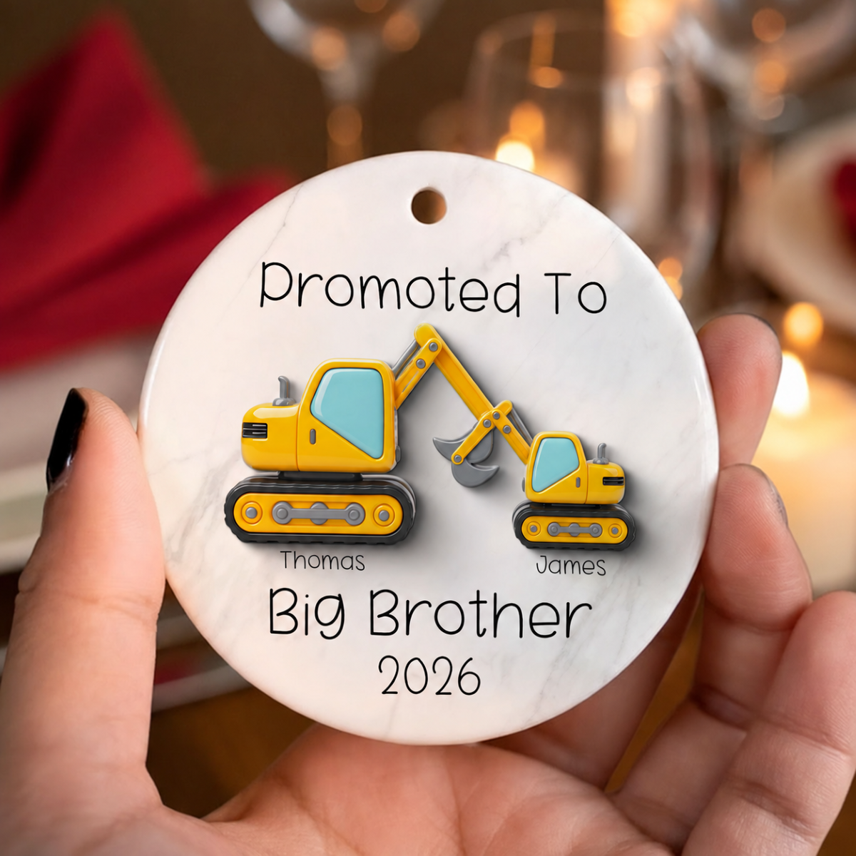 Promoted To Big Brother Big Sister 3D Effect Excavator - Personalized Ceramic Ornament - Proud New Big Siblings Gift