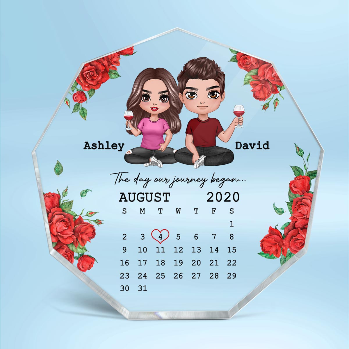 Rose Pattern Calendar Anniversary Date Doll Couple Sitting Gift For Him For Her Personalized Nonagon Acrylic Plaque