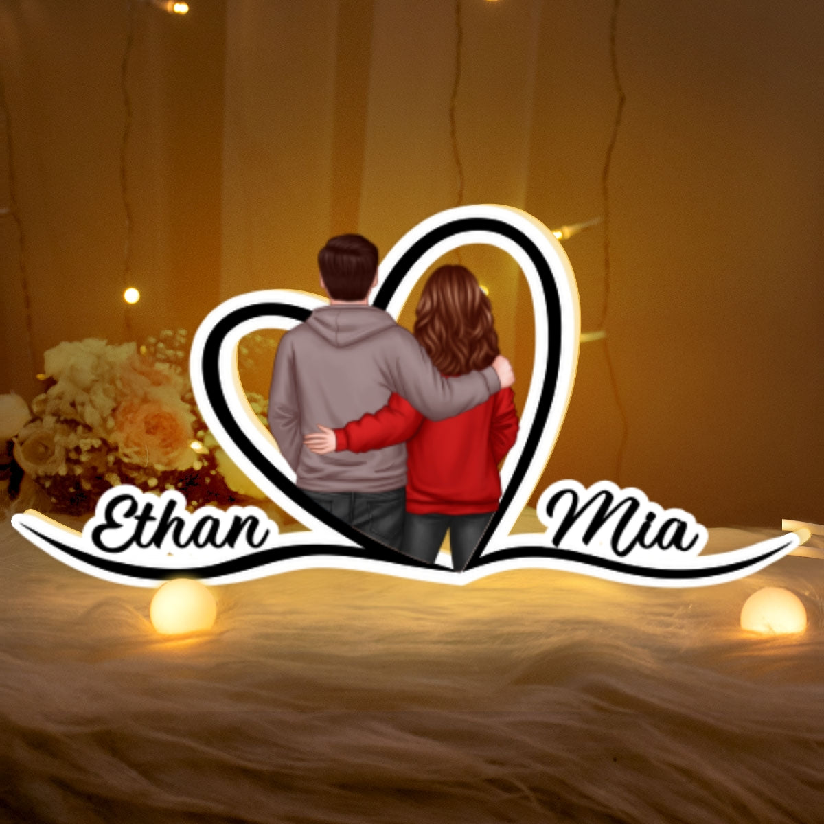 Couple Hugging Back View Heart Shape With Names Personalized Light Box, Anniversary Gift for Him for Her