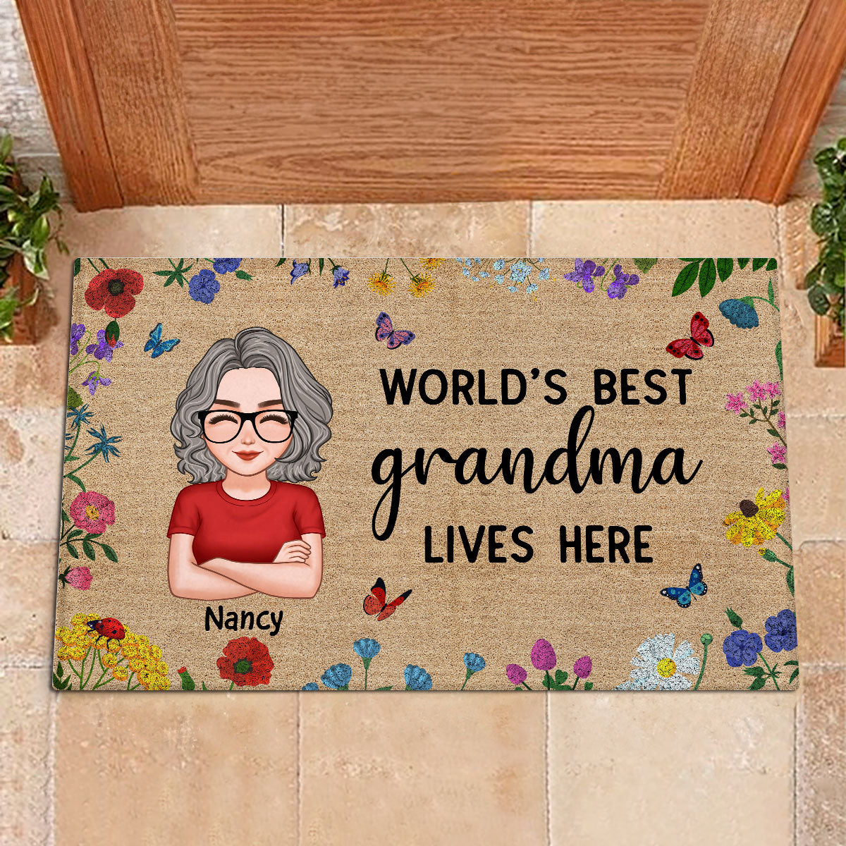 World‘s Best Grandma Grandparents Live Here Flowers Personalized Doormat