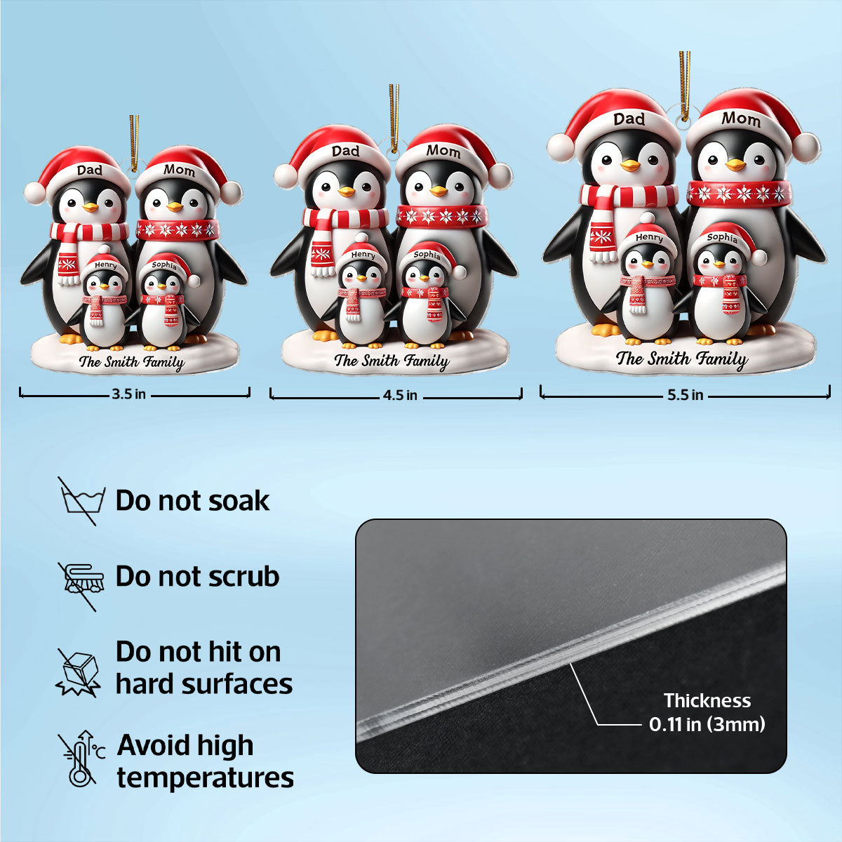3D Effect Penguins Family Christmas Personalized Acrylic Ornament