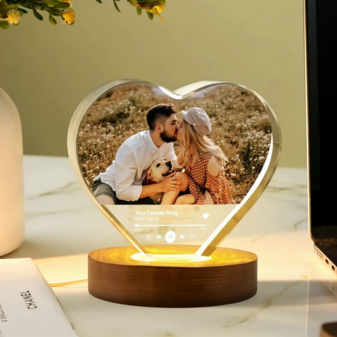 Personalized Music Photo Crystal Heart LED, Valentines Gift, Music Love Gift, Gift for Him, for Her, Free Shipping Included
