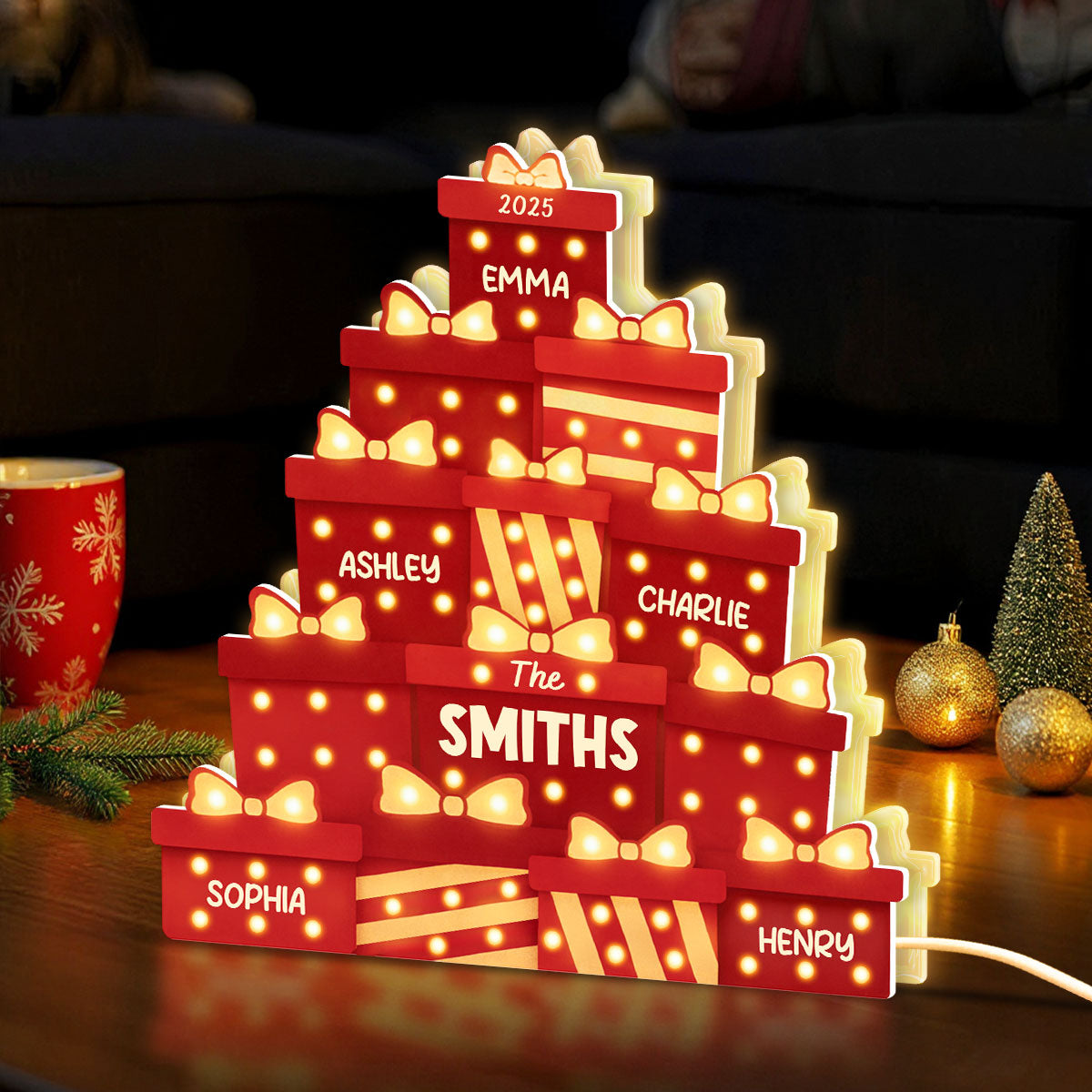 Christmas Family Gifts Box Marquee Effect Pattern Personalized Light Box, Christmas Decor
